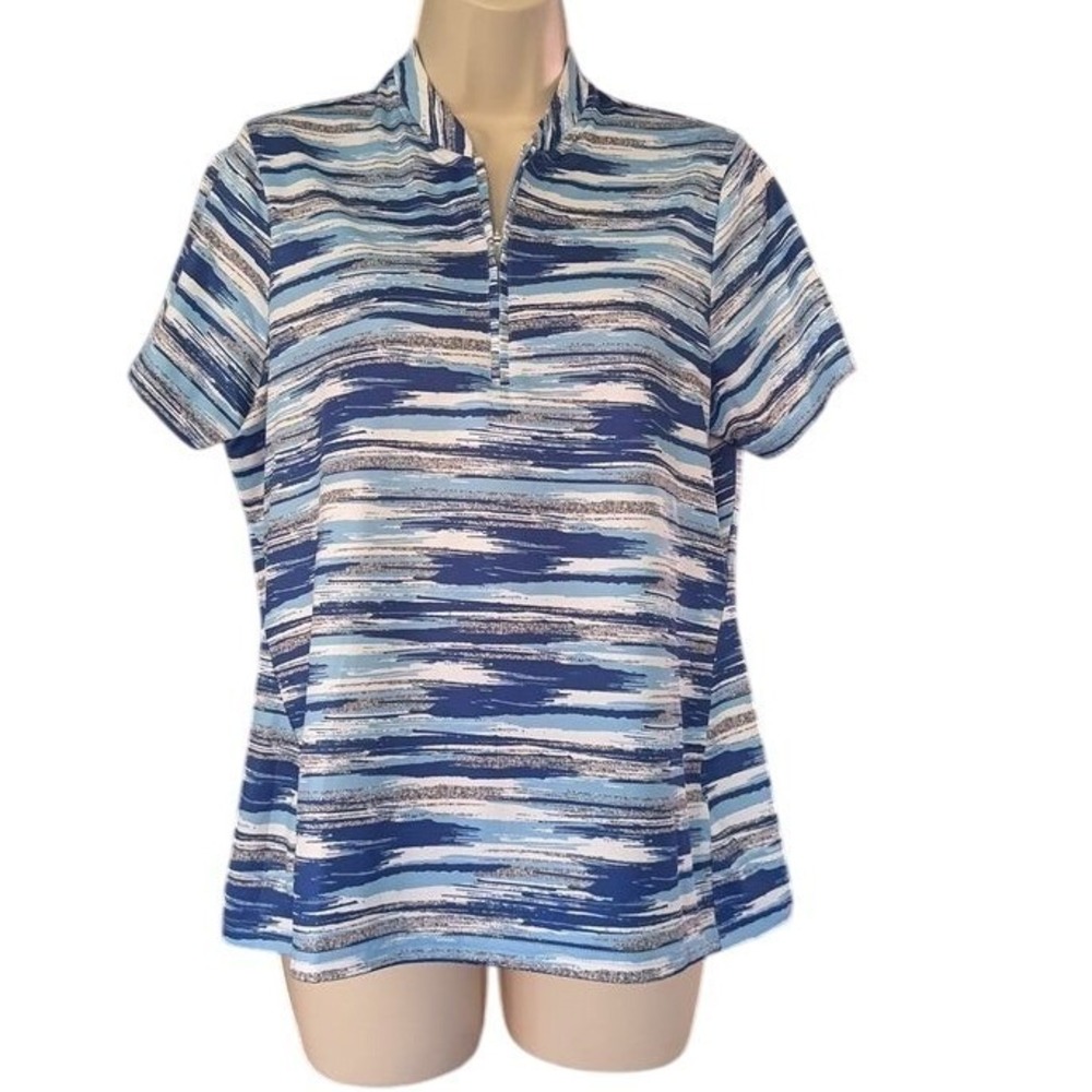 Antigua‎ Womens Blue White Abstract Print Quarter Zip Golf Polo Shirt Medium
